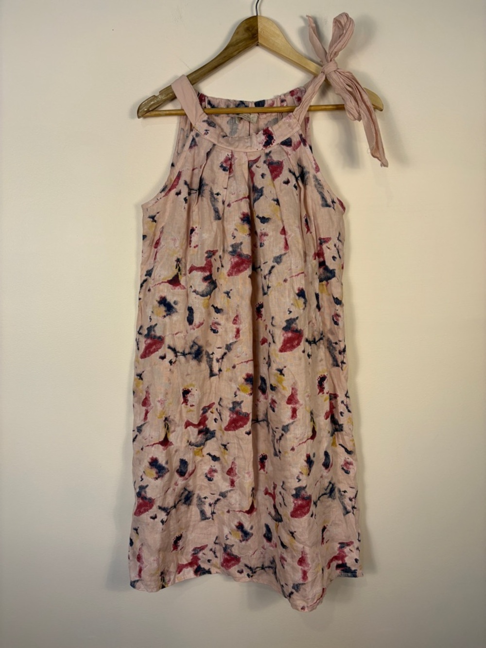 Bellambra Pink 100% Linen Watercolor Midi Dress Tie Neck Beachy Boho Vacation